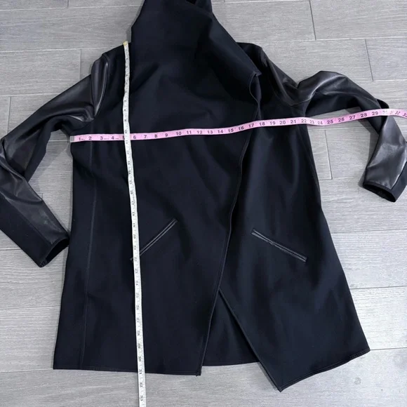 SPANX Faux Leather Sleeve Drape Front Jacket Black L Ponte Moto Blazer 50176R - Picture 15 of 16